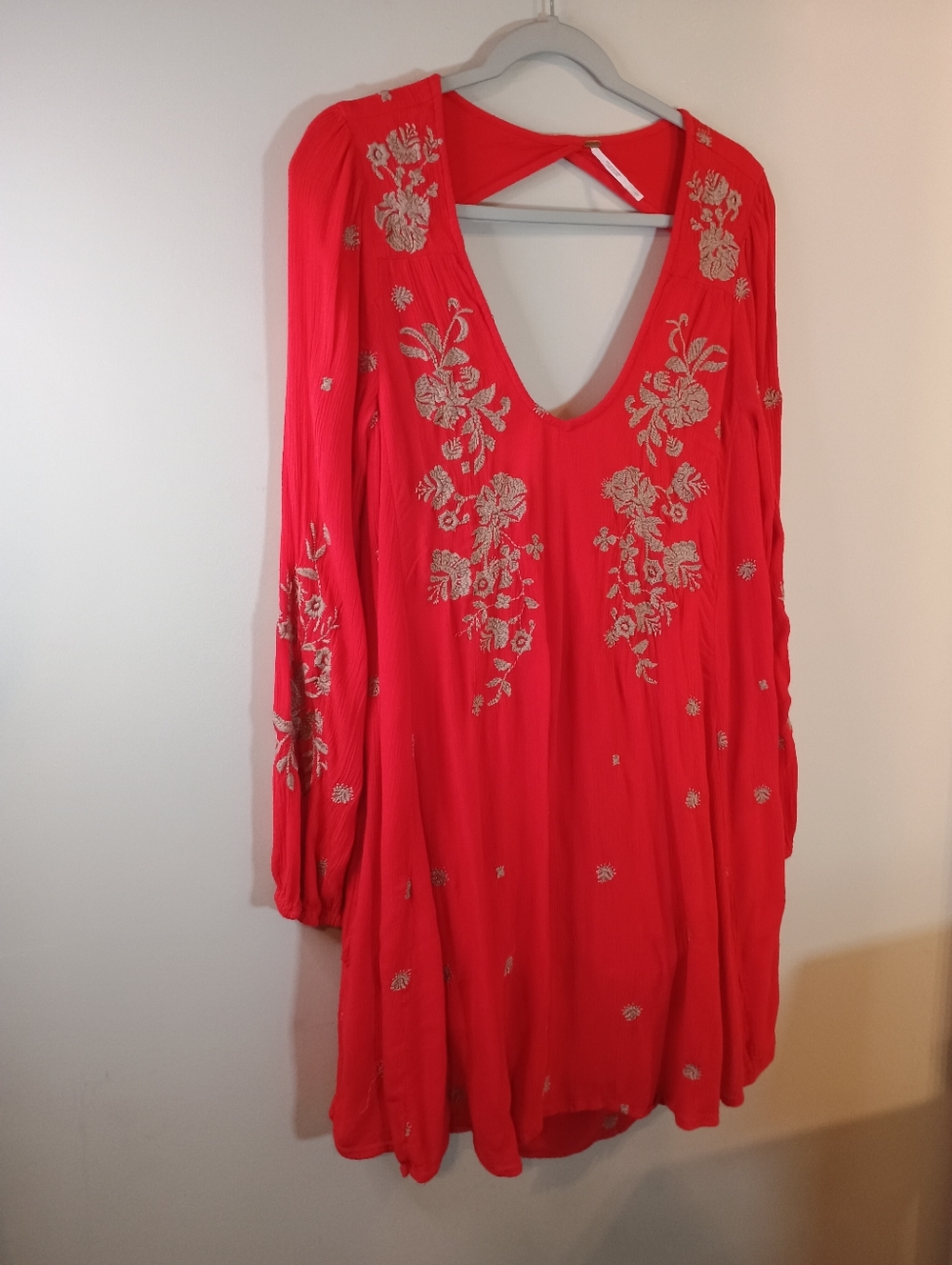 Free People Embroidered Red V-Neck Womens Dress Size L - Picture 5 of 11